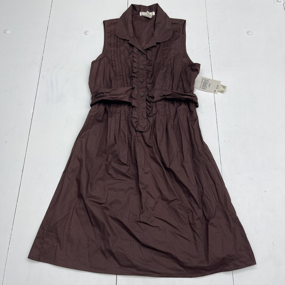 6 Degrees Brown Pleated Ruffle Button Front Dress Women’s Size Large
