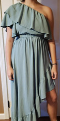One Shoulder Sleeveless Ruffle Asymmetrical High Low Flowy Long Dress- L
