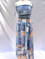 FOREVER 21 DRESS WOMENS SZ S BLUE PATCHWORK PAISLEY MAXI TIE SPAGUETTI STRAPS