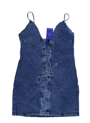 Chouyatou Sexy Spaghetti Strap Lace Up Party Club Mini Sun Dress Denim Womens L
