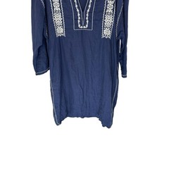 Roller Rabbit Blue White Stitched Lagenlook Boho Relaxed Tunic Dress Size Large