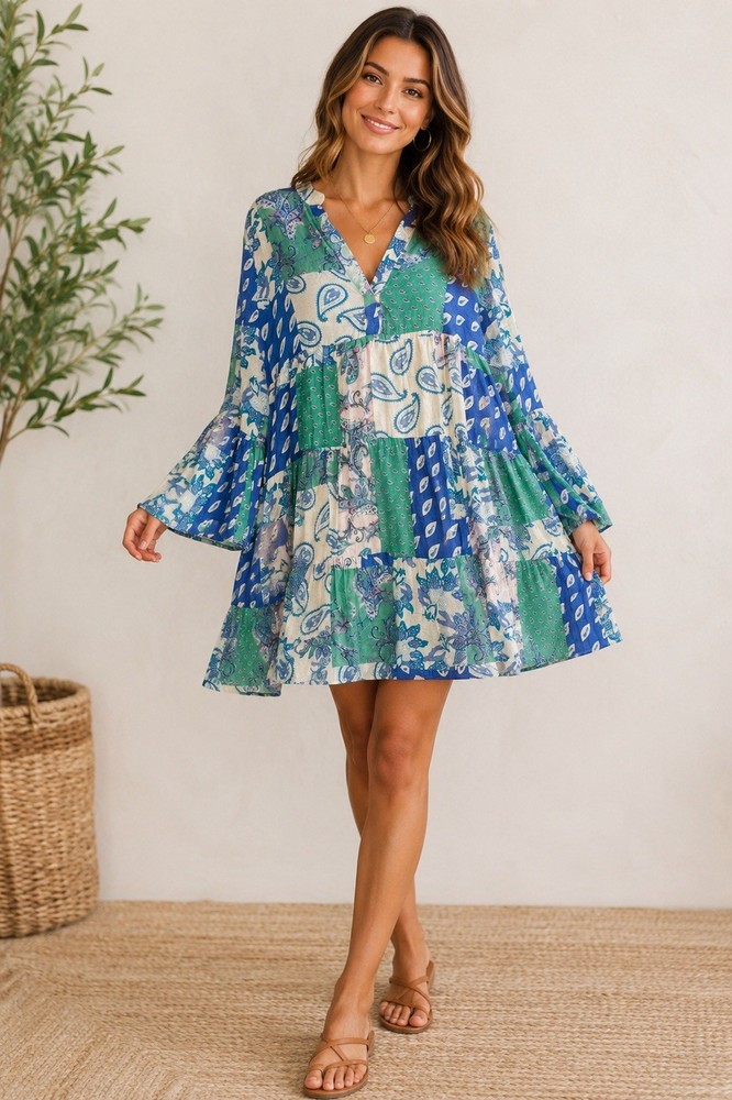 Choklate Paris Silk Blend Patchwork Boho Tunic Dress Large Paisley Bell Sleeve