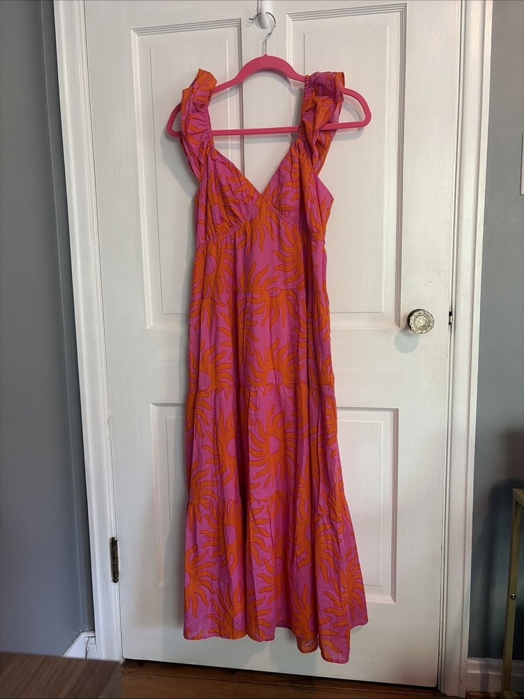 J.Marie Womens Size Medium Orange Pink Sun Mara Ruffle Strap Tie Back Midi Dress