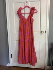 J.Marie Womens Size Medium Orange Pink Sun Mara Ruffle Strap Tie Back Midi Dress
