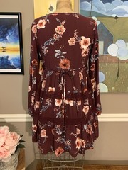 Xhilaration Burgundy Floral Tiered V-Neck Mini Dress X Small