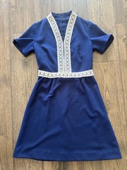 Vintage Sears 60’s-70’s Blue Dress Cream Lace Detailed Polyester Size 14