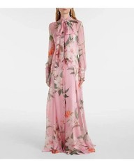 $895. Leo Lin Lilith Tie Neck Maxi Sheer Dress Lavish Floral Print in Pink 6