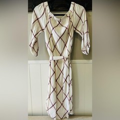 Splendid Off Shoulder Long Sleeve Preppy Tie Waist White Blue Print Midi Dress