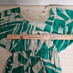 Green & Tan Geometric Print Chiffon Mini Dress S Flutter Sleeve Boho Resort Dres
