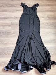 Elegant Feathered Off-Shoulder Black Evening Gown with Front Slit. Size Large