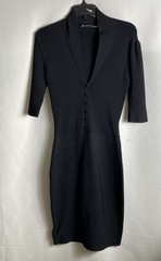 REISS Women&rsquo;s Black Ribbed Knit V-Neck Button Waist Long Sleeve Midi Dress