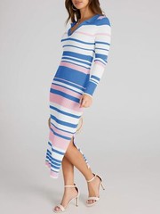Womens Striped Sweater Dress V Neck Slim Fit Fall Knit Sexy Midi Dress Pink L