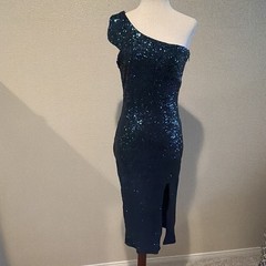 Allen Schwartz Blue Sequin One-Shoulder Bodycon Midi Dress Lined Slit Zip S
