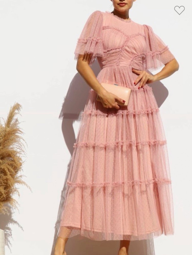 Blue Tulle Midi Dress S/M/L Ruffle Tiered Layered Sheer Round Neck Party