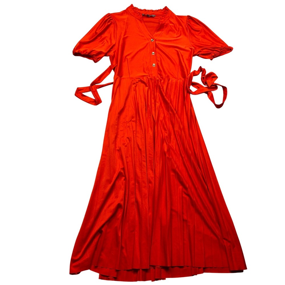 Sharagano Orange Red Short Sleeve Button Front Midi Dress Size 10 Pleated Party