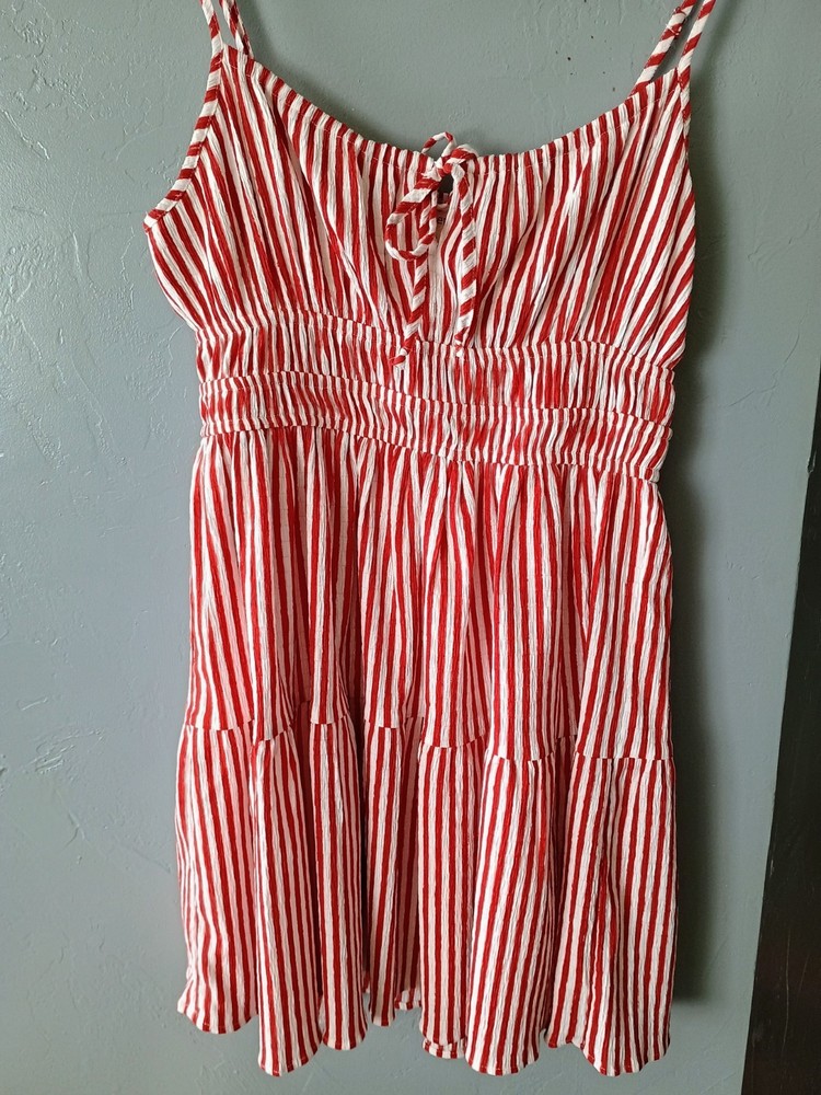 Rewind Red White Striped Sundress Womens Tie Front Smocked Waist Tiered