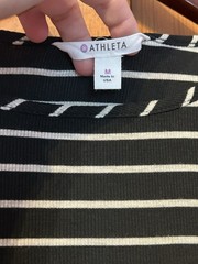 Athleta Comeback Black/White Striped Ruched Scoop Neck Sleeveless Midi Dress M