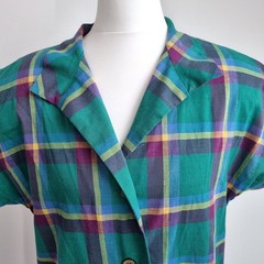 Vintage Smock Shirt Dress Midi Checked UK 10 Green Plaid Pockets Cotton Blend