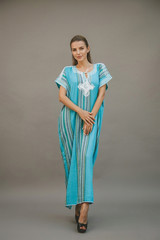 Moroccan Kaftan Women Maxi Abaya African Djellaba Gandoura Striped Embroidered