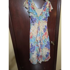 SL Fashions Floral V-Neck Flutter Sleeve Asymmetrical Hem Midi Dress Size 10