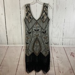 Metme Beaded Mesh Fringe Flapper XL Art Deco Gatsby Dress 20s Glam Grunge Fairy