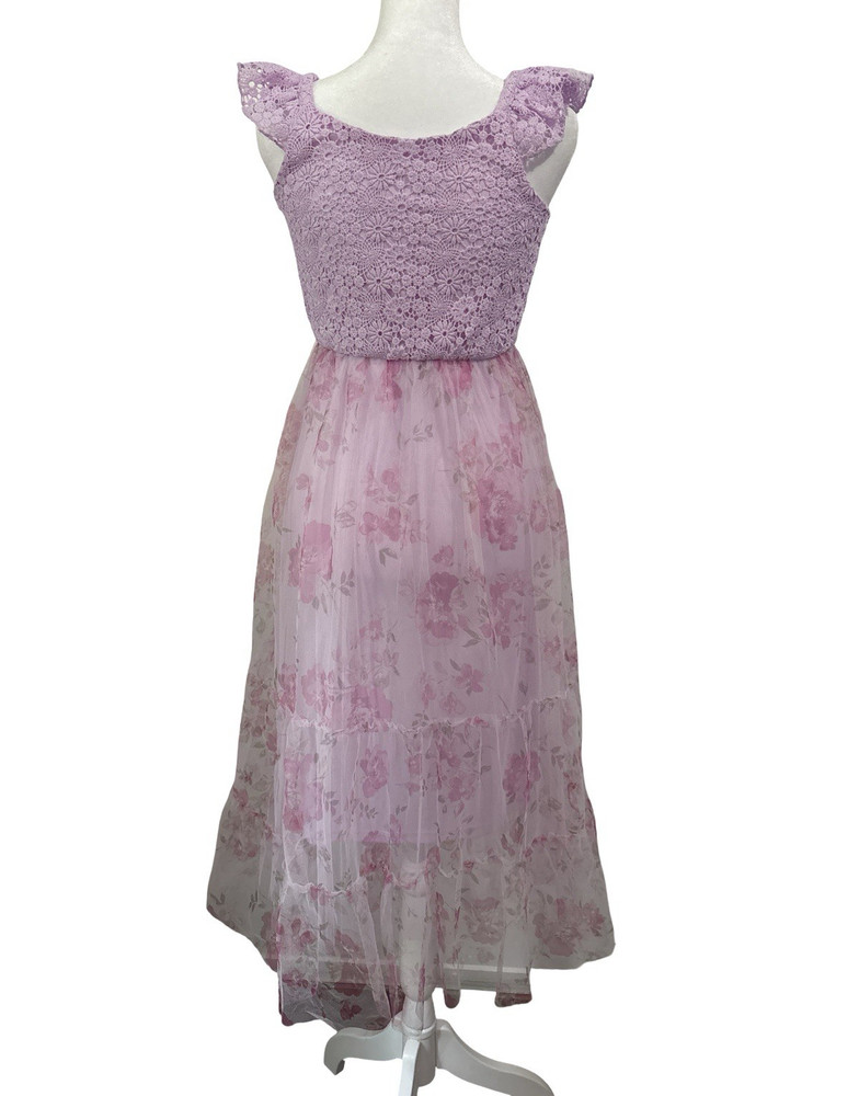 Pink & Violet Vestido Midi Lila Encaje Floral Ruffle Tiered Talla 12 para Nina