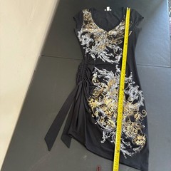 Y2K Cache Gold Silver Scroll Floral Baroque Print Faux Wrap Dress Size S Black