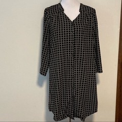 41 Hawthorn Cristen Geometric Shirt Dress Medium Black Beige Roll Cuff