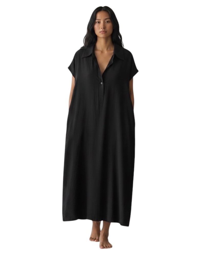 COS 100% Silk Black Relaxed Collar Midi Dress Sz 2 S