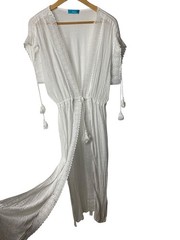 White Boho Swim Cover Up Maxi Kaftan Gauze Lace Tassel Tie Beach Lightweight OS