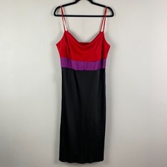 Express Satin Color Block Tier Cowl Neck Midi Slip Dress Red Purple Black Large