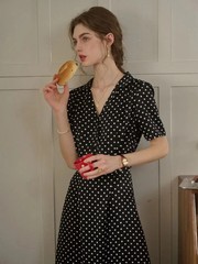 Kim French Retro Polka Dot V-Neck Dress Size S