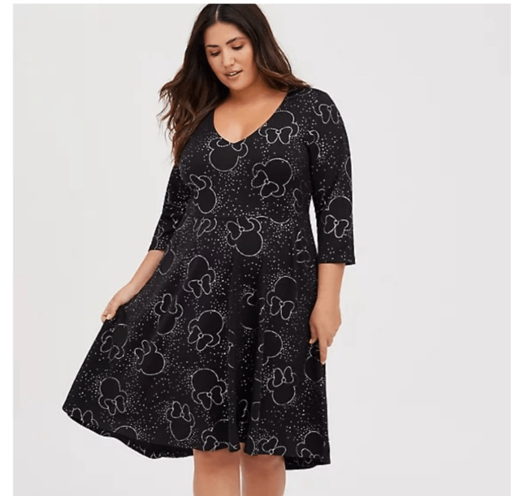 NEW Torrid Disney Minnie Mouse Black Silver Foil Skater Dress Pockets 6X Glam