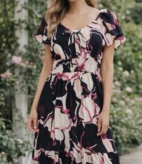 Nine West Floral Midi Dress Womens Small Pink NWT Smocked Waist Short Sleeve