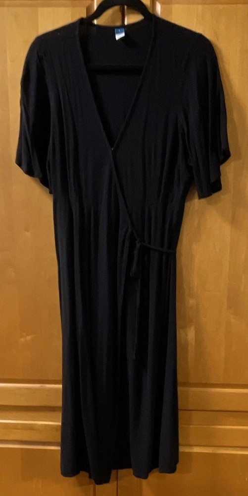 Comfortable Old Navy Black Solid Wrap Dress Short Sleeve Midi Tie Waist Sz L🌵🪸