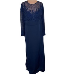 Plus Size Navy Blue Long Sleeves Beaded Lace Slit Formal Mother of Bride Dresses