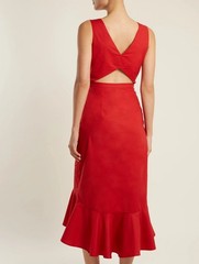 SALONI Zoey Cut Out Cotton Poplin Midi Dress Fluted Hem Red 6 Button Down V Neck