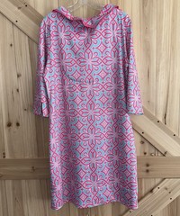 Gretchen Scott Ruffneck Turquoise Pink 3/4 Sleeve Tropical Resort Dress Sz L