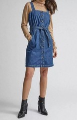 BEAUTIFUL DENIM PINAFORE BUTTON FRONT BELTED SIDE POCKETS DRESS SIZE UK 14 NEW