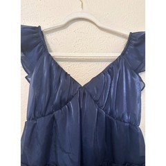 Peach Love California Navy Blue Tiered Ruffle Shimmer Mini Dress Medium Bow Back