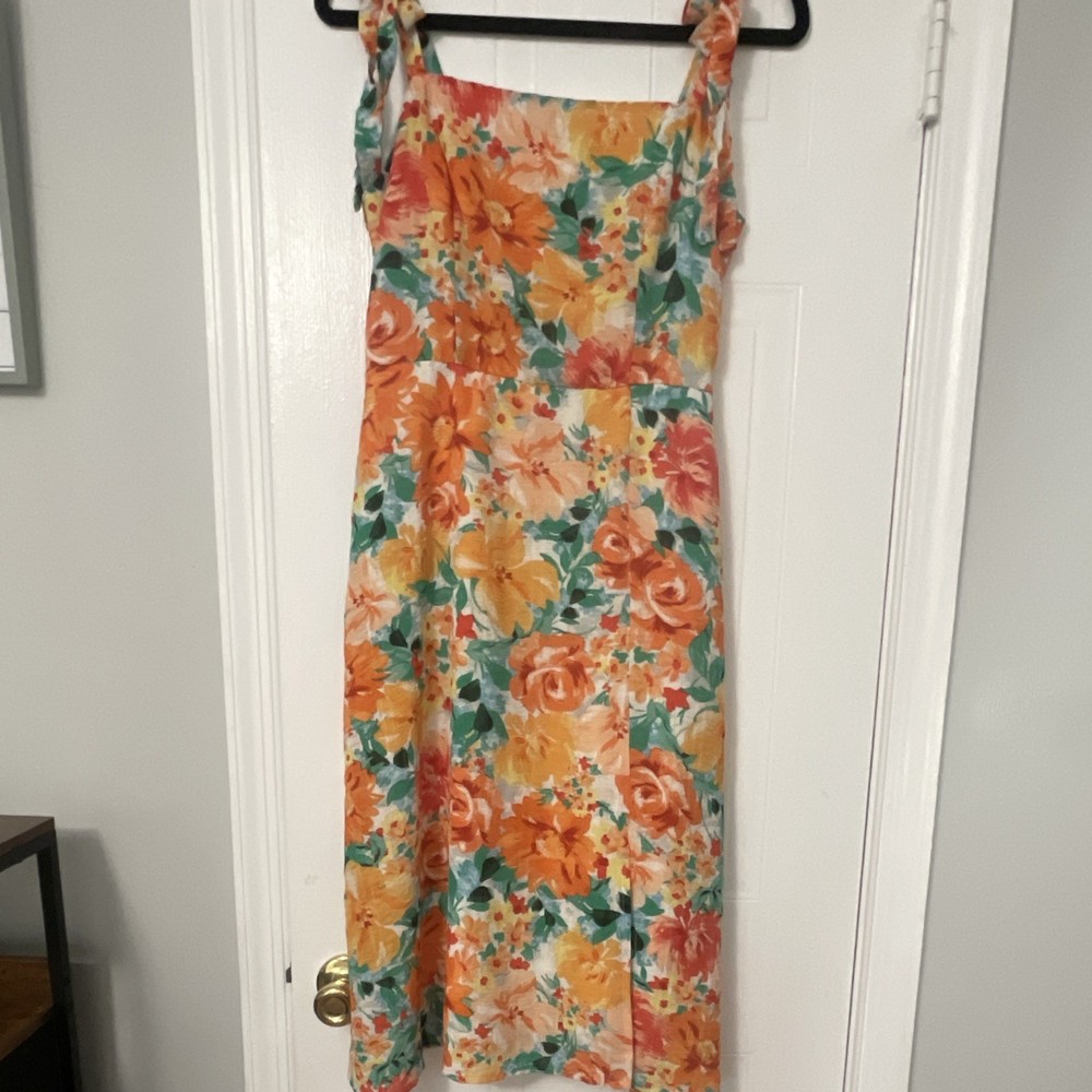 Luxology Women’s M Floral Chiffon Smocked Midi Sundress Square Neck Bow