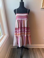 Devotion Twins Square Neck Strap Dress Small Pink Orange Tier Sundress Anthro
