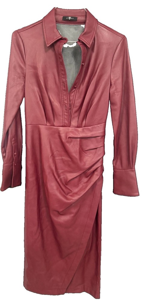 7 For All Mankind Burgundy Faux Leather Collared Button Front Midi Dress S