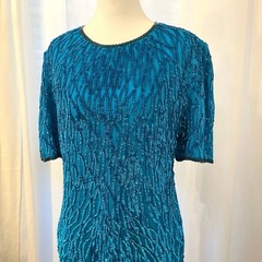 Vintage Laurence Kazar Sequin Sheath Dress L Silk Blue Beaded Party Costume 80s