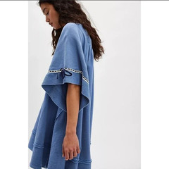Free People Astoria Sweatshirt Tunic Dress Ribbon Lace Wide Short Sleeve Blue M