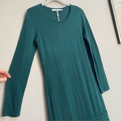 Trina Turk Bottle Green Over Ice Merino Wool Sweater Dress With Tassel Hem XS