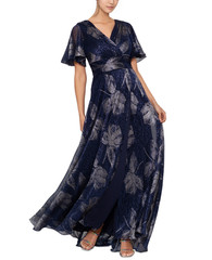 Betsy & Adam Women Size 12 Navy Gunmetal S Crinkled Flutter-Sleeve Gown Dress