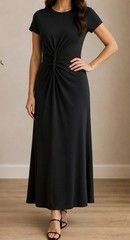 Donna Karan NY Black Gathered Knit Long Dress Short Sleeve Ankle EUC Size 4