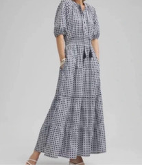 Chicos Navy White Geometric Cane Basketweave Tiered Midi Dress Smocked 00 Sz 2