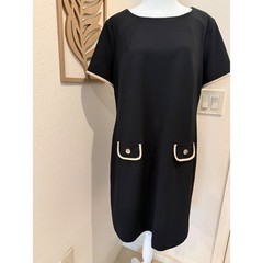 Andrew Marc Black Mod Shift Dress Cream Trim Pockets Size 16